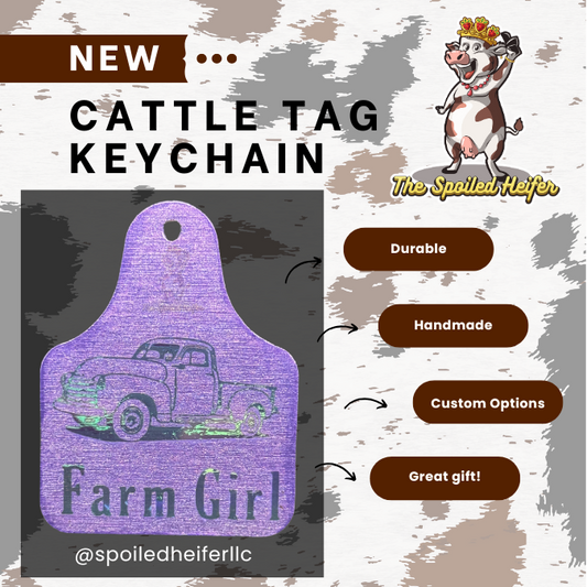 Farm Girl Farm Truck Cattle Tag Keychain Purple