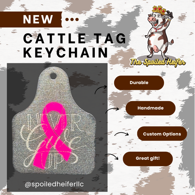Breast Cancer Never Give Up Cattle Tag Keychain